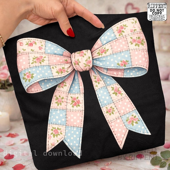 Patchwork Bow PNG, Coquette Bow PNG Design, Floral Gingham Bow PNG, Vintage Quilt Bow Clipart, Girly Aesthetic Sublimation Digital Download