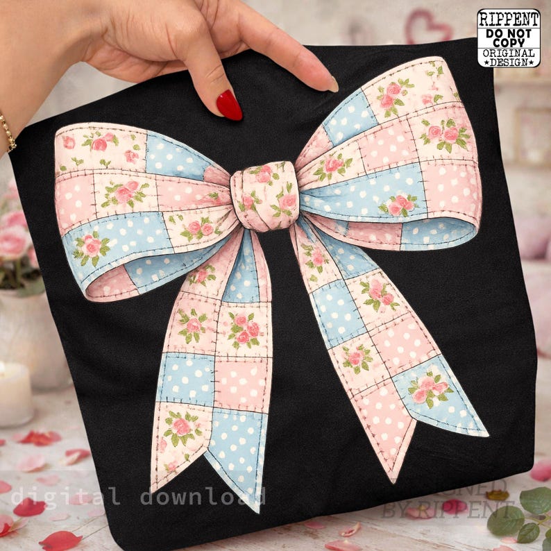 May include: A black tote bag featuring a large bow design. The bow is a patchwork of pink and blue squares with white polka dots and floral accents. The bow is centered on the bag, and the design is a digital download.