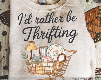 I'd Rather Be Thrifting PNG, Retro Vintage Cart Graphic (Digital Download)