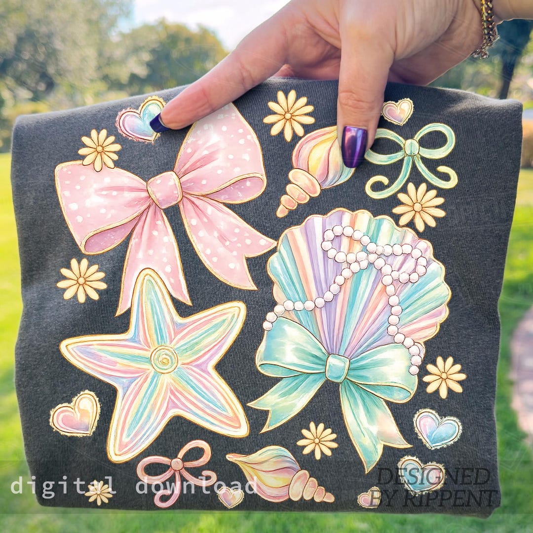 Coquette Beach PNG, Pink Bow Starfish Seashell Clipart, Girly Summer ...