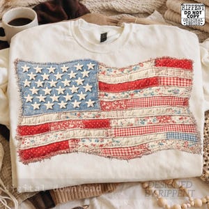 May include: White sweatshirt featuring a distressed American flag design. The flag is made of denim, floral, and gingham fabrics, with white star accents. The sweatshirt has the text "Rippent Do Not Copy Original Design" and "Digital Download" on it.