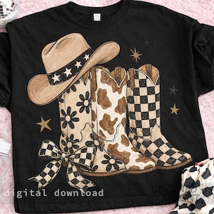 May include: Black t-shirt featuring a cowboy hat and three pairs of cowboy boots with different designs: floral, cow print, and checkered. A checkered bow is at the bottom. The text "digital download" is at the bottom.