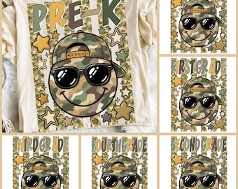 Retro Back to School Boys PNG Bundle, Camo Smiley Face Kindergarten Kid Design, First Day PNG, Pre-K to Third Grade Png,  Sublimation Design