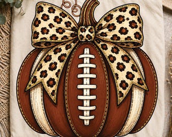 Football Fall Pumpkin Png, Leopard Bow Cozy Fall Shirt Design, Game Day Season Png, Football Mom Sports Png, Trendy Football Season Design