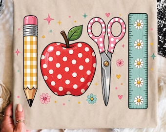Teacher School Supplies PNG, Checkered Apple Polka Dot Pencil Scissors Ruler Bow Png, First Day Of School Back To School Sublimation Design