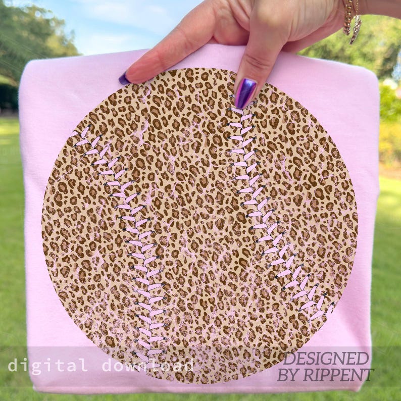 May include: A pink baseball-themed design featuring a leopard print pattern. The baseball design has pink stitching and is set against a pink background. The text "digital download" and "DESIGNED BY RIPPENT" are visible.