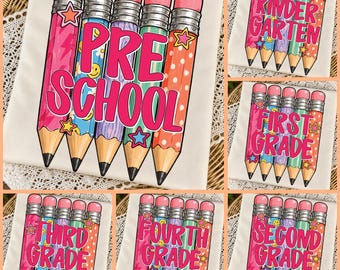 Preppy Back to School PNG Bundle, Grade Level Teacher Png, Pink Pencil Gingham Stripes Pre k Kinder to 5th Grade School Boy Girl Sublimation