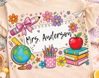Personalized Teacher Name PNG, Custom Cottagecore Floral Teacher Png, Back to school Png, Brushstroke Teach Love Inspire Sublimation Design