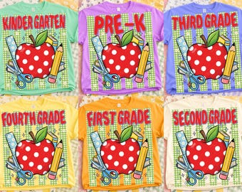 Striped Preppy Teacher Apple Png Bundle, Back To School Pre-K To Fourth Grade Design, Red Gingham Pencil Bow PNG, First Day Of School Design