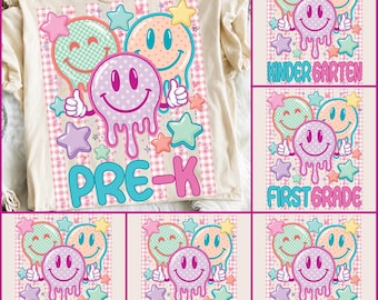 Striped Back To School Smily Face Png Bundle, Pink Gingham Stripes PNG, Pre-K To Fourth Grade Design, First Day Of School Png, Sublimation