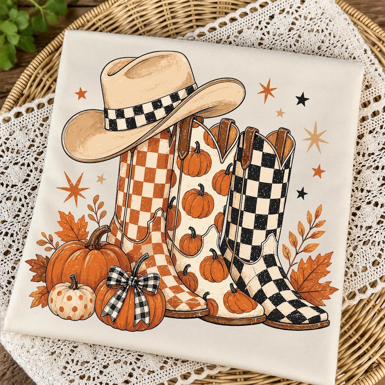 Cowboy Boots Checkered Fall Png, Brushstroke Fall Pumpkin Png, Leopard Print Howdy PNG, Polka Dots Fall Png, Western Cowgirl Autumn Shirt image 7