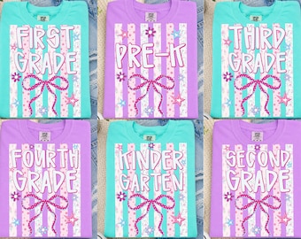 Striped School Grade Floral Pearl Bundle PNG, Coquette Bow Glitter Back To School Grade , Preppy Grandmillennial Floral, Pre-K to 4th Grade