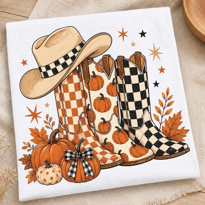 May include: A white t-shirt featuring a graphic print of a beige cowboy hat, three western-style boots with checkered and pumpkin patterns, and several orange pumpkins. The design includes orange and black star accents and autumn leaves.