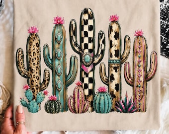 Leopard Checkerboard Western Cactus PNG, Faux Oil Painted PNG Cowboy Boho, Cowgirl Sublimation Graphic (Digital Download)