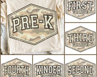 Camo Back to School Boys PNG Bundle, Pre-K to Fourth Grade Png, Retro Kindergarten Kid Design, First Day Pencil PNG, Old School Camo Boy Png