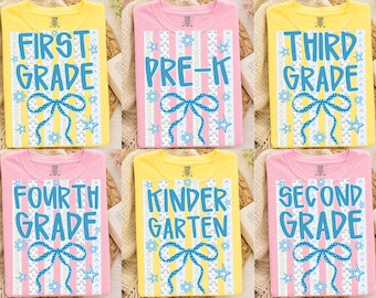 Striped Neon Floral Back To School Grade PNG, Coquette Bow Pearl Glitter Png Bundle, Preppy Grandmillennial Floral Png, Pre-K to 4th Grade