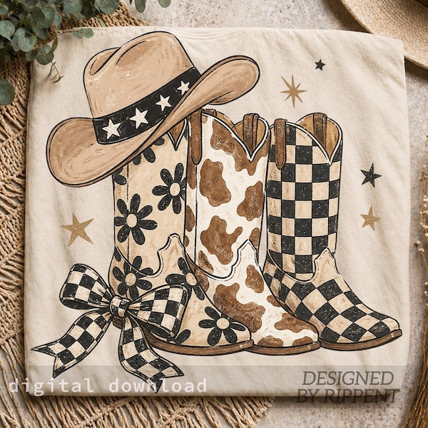 Cowboy Boots PNG, Brushstroke Checkered Png, Leopard Print PNG, Polka Dots png, Western Cowgirl Design