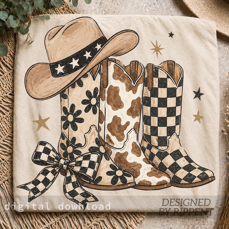 May include: A beige graphic featuring a cowboy hat and three pairs of cowboy boots. The boots have floral, cowhide, and checkered patterns. A checkered bow is at the bottom. The text "digital download" and "DESIGNED BY RIPPENT" are visible.