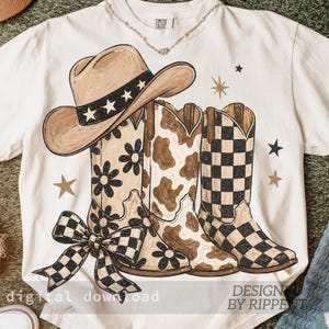May include: Cream-colored t-shirt featuring a graphic of a cowboy hat and three pairs of cowboy boots. The boots have floral, cowhide, and checkered patterns. The text "digital download" and "DESIGN BY RIPPE" are at the bottom.