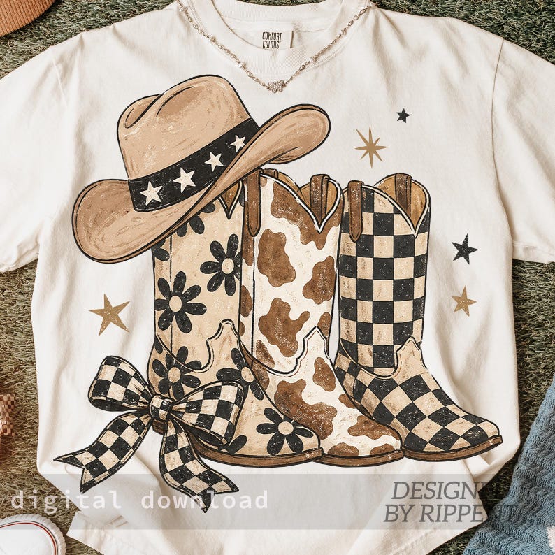 May include: Cream-colored t-shirt featuring a graphic of a cowboy hat and three pairs of cowboy boots. The boots have floral, cowhide, and checkered patterns. The text "digital download" and "DESIGN BY RIPPE" are at the bottom.