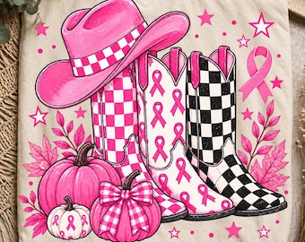 Cowboy Boots Fall Breast Cancer Pumpkin Png, Brushstroke Breast Cancer Awareness Png, Checkered Fall Pink Pumpkin Png, Leopard Howdy Png
