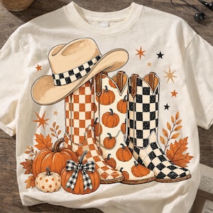Cowboy Boots Checkered Fall Png, Brushstroke Fall Pumpkin Png, Leopard Print Howdy PNG, Polka Dots Fall Png, Western Cowgirl Autumn Shirt image 2