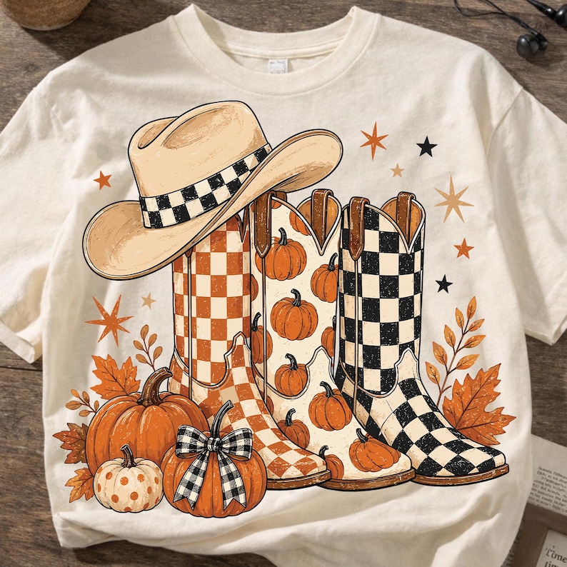 Cowboy Boots Checkered Fall Png, Brushstroke Fall Pumpkin Png, Leopard Print Howdy PNG, Polka Dots Fall Png, Western Cowgirl Autumn Shirt image 2