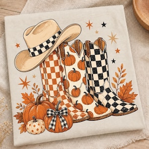 May include: A light-colored t-shirt featuring a graphic print of a tan cowboy hat, three western-style boots with checkered and pumpkin patterns, and orange pumpkins. The design includes decorative star shapes and autumn leaves in orange and brown tones.