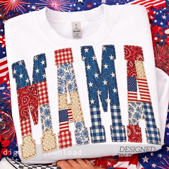 Patriotic Mama Faux Patchwork PNG, USA Coquette American Mama Gift For Mothers Day, Cottagecore 4th Of July Tshirt Design, 250 anniversary