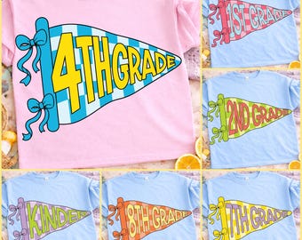 Striped Floral Pennant Flag School Grade Bundle PNG, Retro Coquette Kinder to 8th Grade Png, Preppy Back To School Png, Cottagecore Teacher