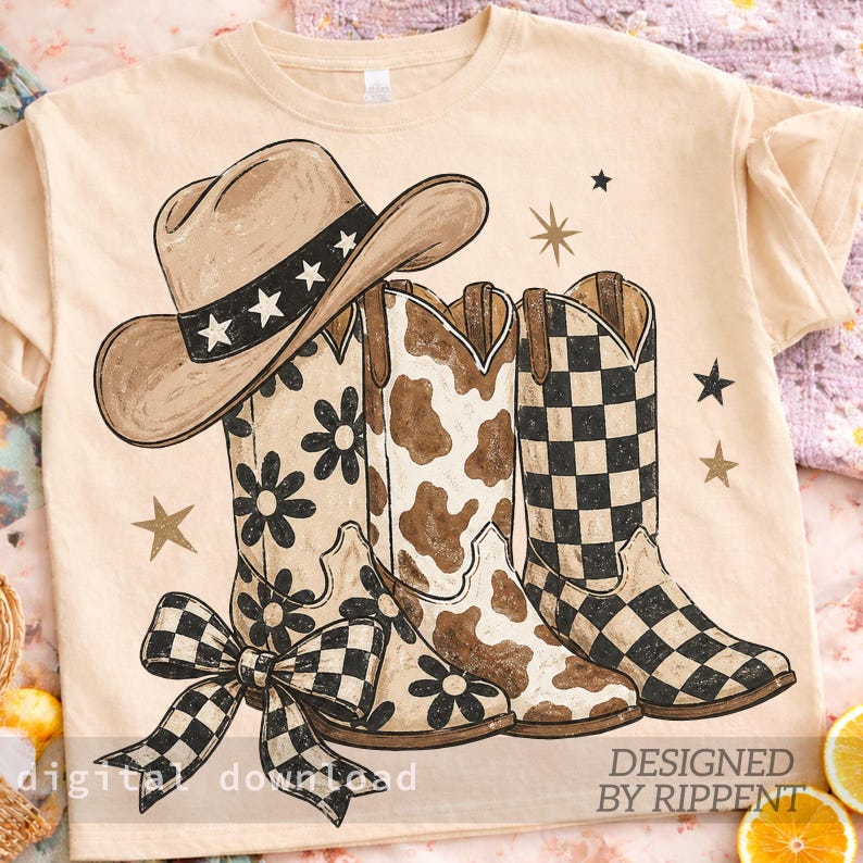 May include: A beige t-shirt featuring a graphic of a cowboy hat, cowboy boots, and a checkered bow. The boots have floral, cowhide, and checkered patterns. The hat has a black band with white stars. The text "digital download" and "DESIGNED BY RIPPENT" are visible.