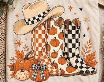 Cowboy Boots Checkered Fall Png, Brushstroke Fall Pumpkin Png, Leopard Print Howdy PNG, Polka Dots Fall Png, Western Cowgirl Autumn Shirt