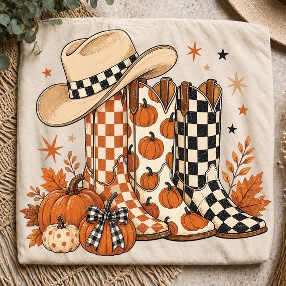 Cowboy Boots Checkered Fall Png, Brushstroke Fall Pumpkin Png, Leopard Print Howdy PNG, Polka Dots Fall Png, Western Cowgirl Autumn Shirt