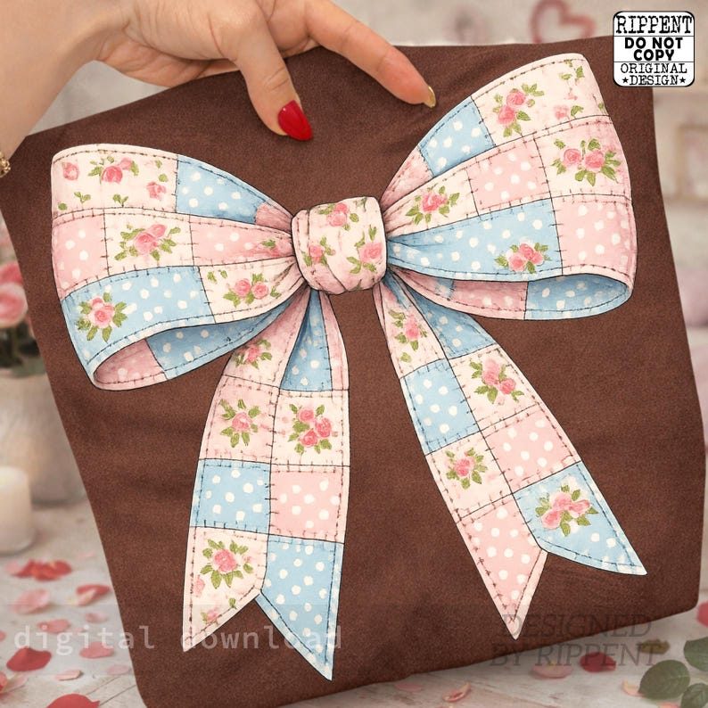 May include: A brown fabric bag with a large, decorative bow. The bow is made of patchwork squares in pink and blue, with white polka dots and floral accents. The bow is the focal point of the design.