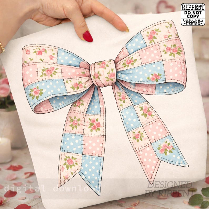May include: A digital download featuring a large bow design. The bow is a patchwork of pink and blue squares with white polka dots and floral accents. The bow is held by a hand with red nail polish. Text on the image reads "Rippent, Do Not Copy, Original Design, Designed by Rippent."