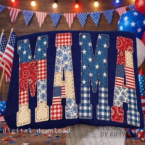 May include: A navy blue decorative pillow with the word "MAMA" appliqued in patriotic patterns. The letters feature red, white, and blue fabrics with stars, stripes, and floral designs. The pillow is decorated with American flags and festive decorations.