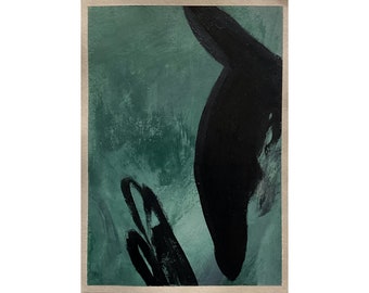 Abstract schilderij • Zonder titel #78 • originele abstracte kunst • schilderij op A5-papier • Groen en zwart acrylschilderij • kunst aan de muur