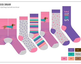 Sock Draw - Girls 6 Pack Cotton Rich Socks - Dachshund Dazzle Adorable Pups