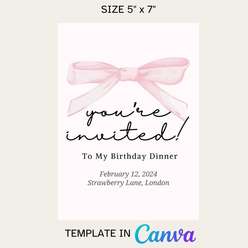 Editable Bow Coquette Pink Birthday Invitation, Canva Birthday Template Editable Bow Coquette Pink Birthday Invitation, Canva Birthday Template