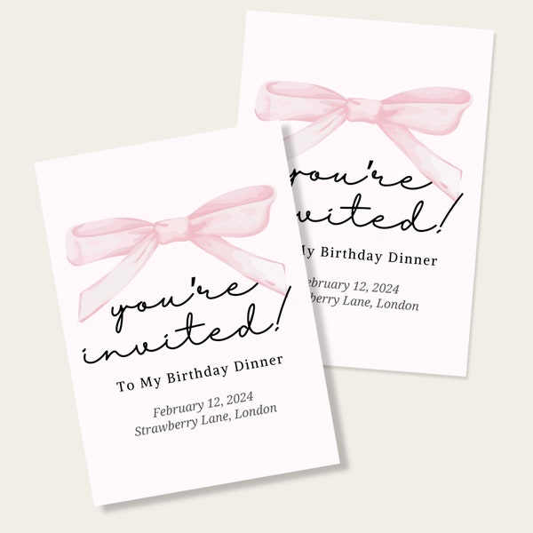Editable Bow Coquette Pink Birthday Invitation, Canva Birthday Template, Customisable invitation, DIY, Girl Birthday Invite