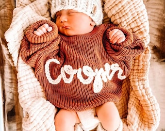 Personalized Hand Knitted Name Baby Sweater, Embroidery Toddler Sweater, Custom Baby Name Sweater, Baby Girls Sweater With Name