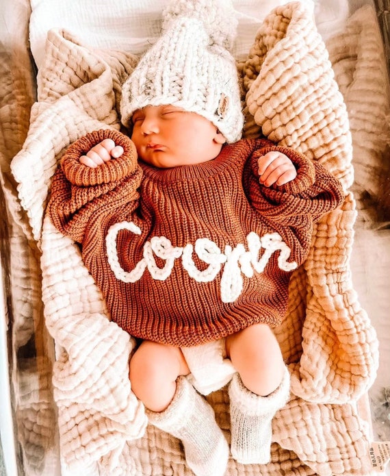 Personalized Hand Knitted Name Baby Sweater, Embroidery Toddler