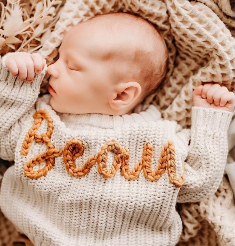 Personalized Hand Knitted Name Baby Sweater,Custom Baby Name Sweater, Baby Girls Sweater With Name, Embroidery Gift For Baby Girls Boy image 1