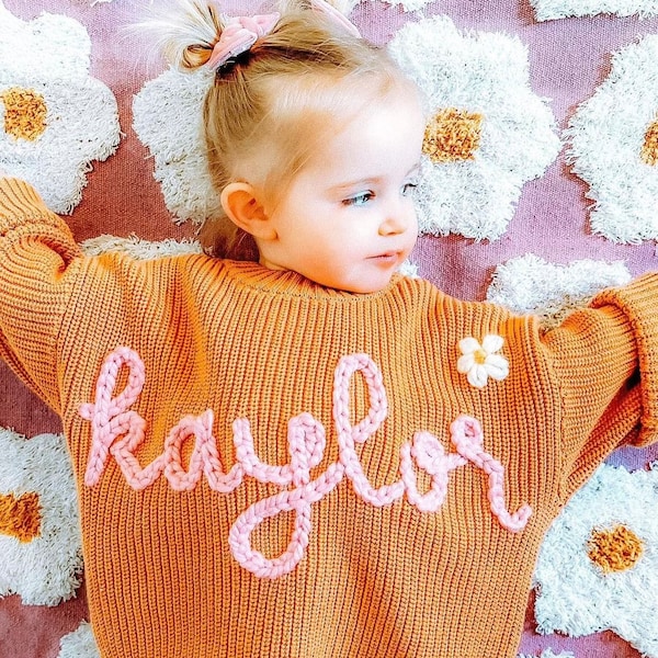 Custom Baby Name Sweater,Personalized Hand Knitted Name Baby Sweater, Baby Girls Sweater With Name, Embroidery Gift For Baby Girls Boy
