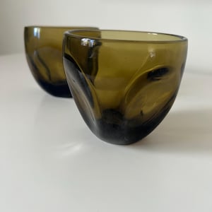 Stunning Set/2 Vintage Russel Wright Imperial Pinch Lowball in ripe olive green, produced by Imperial Glass in the 1950s MCM