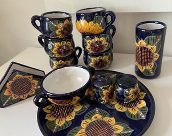 Vintage Talavera Hand Painted Sunflower Dishes | | Mexico | Salt and Pepper | Plate | Cup | Mugs | Napkin Holder | Gorgeous