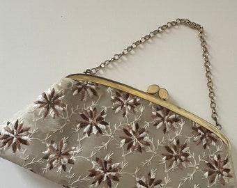 Vintage Cream Brown Gold Embroidered Handbag Clutch | Handbag