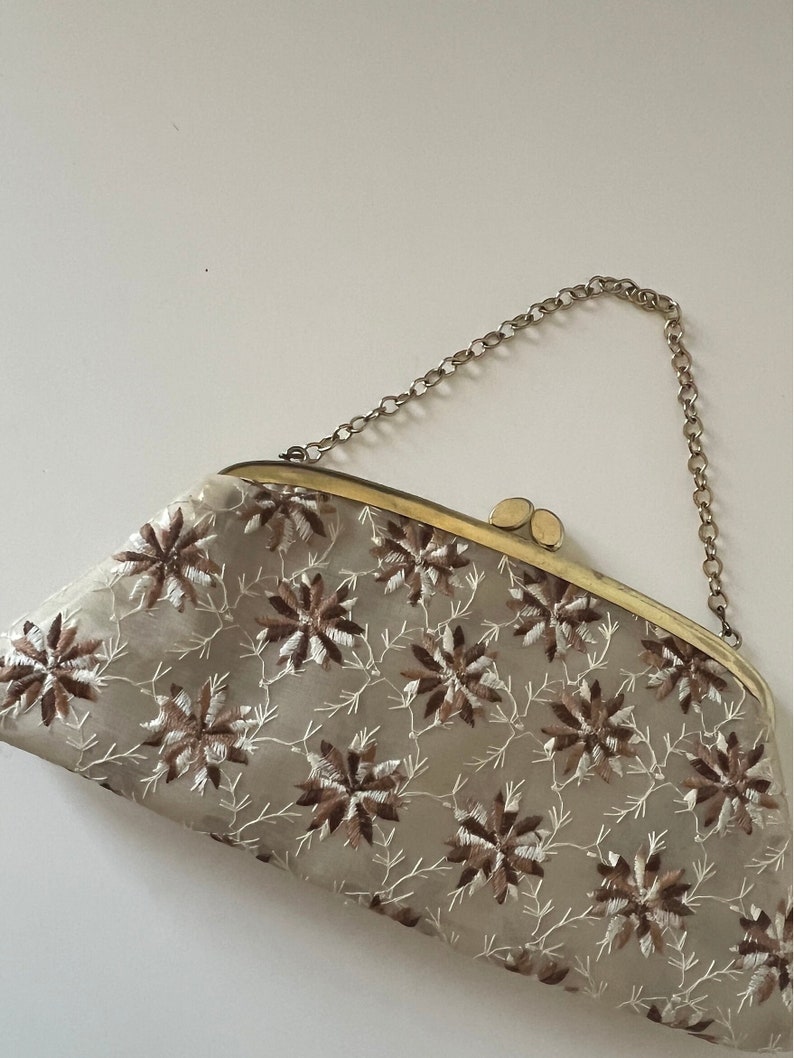 Vintage Cream Brown Gold Embroidered Handbag Clutch Handbag image 1