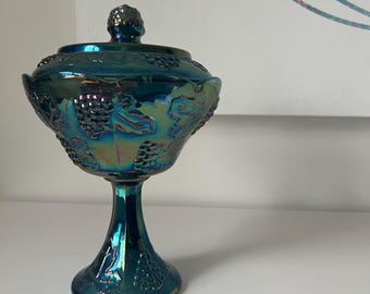 Vintage Blue Iridescent Indiana Carnival Glass Wedding Candy Dish with Lid