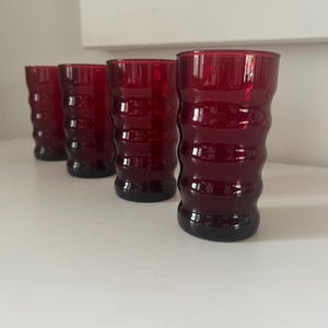 Vintage Anchor Hocking Ring | Ribbed Glass Royal Ruby Red 4.75&quot; Tumblers | Set of 4